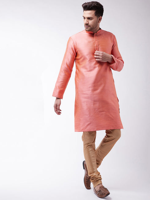 Vastramay Men's Pink And Rose Gold Silk Blend Kurta With Churidar Set